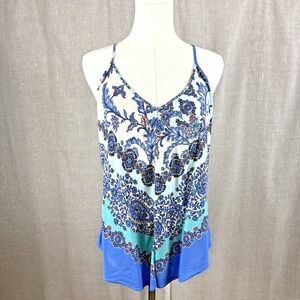 Y2k Botanical Tank Top Size Medium Floral Blue Festival Racer Back Boho